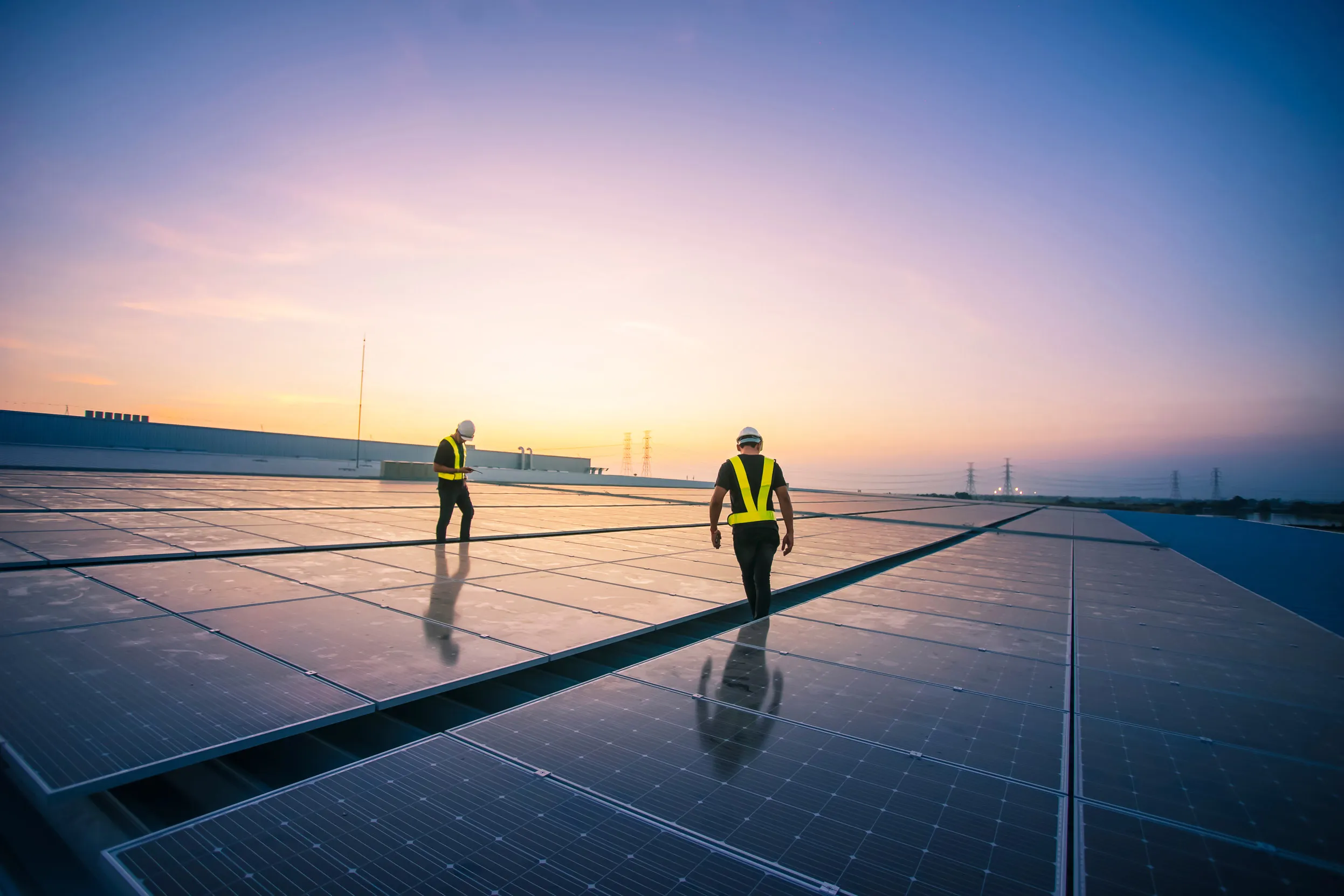 Two people in high vis vests, walking amongst a large stretch of solar panels. 