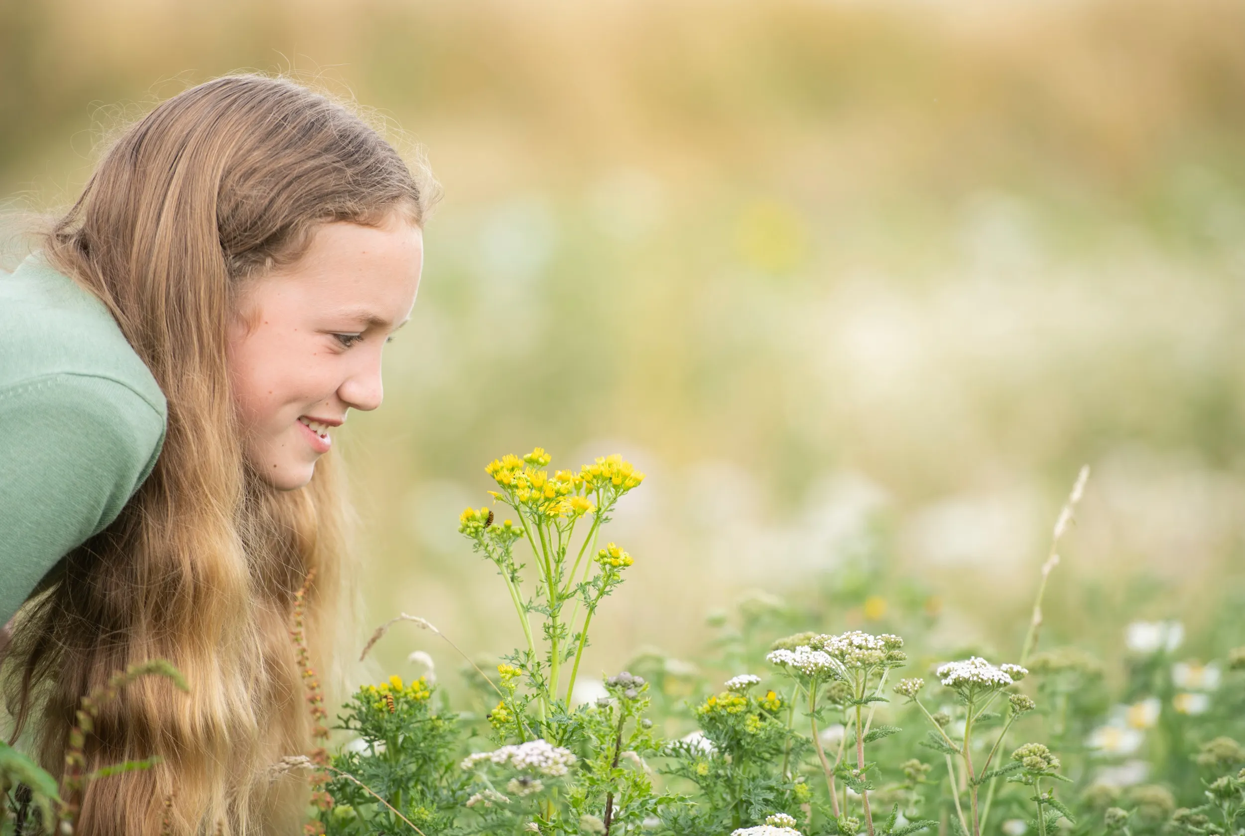 A child looking closely at a minibeast on a yellow flower and smiling.