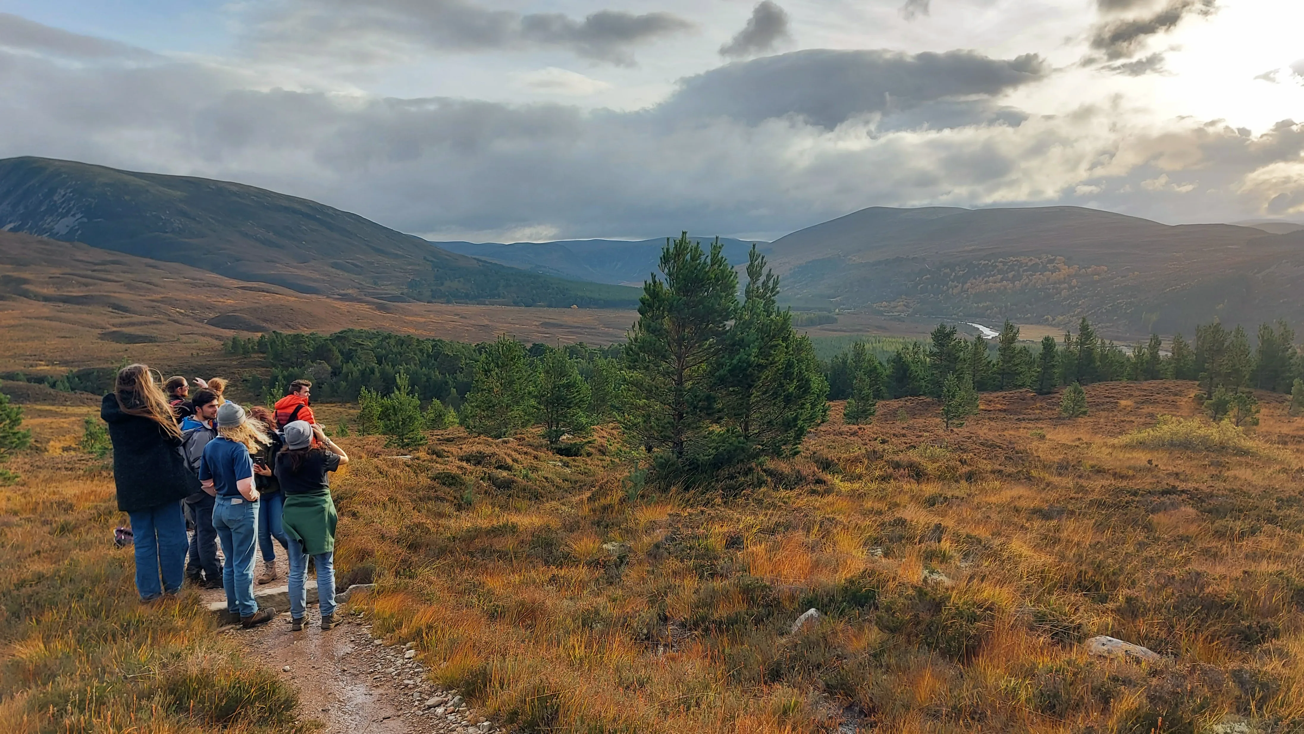 Youth council members looking out over the heathland landscape, towards mountains in the background.