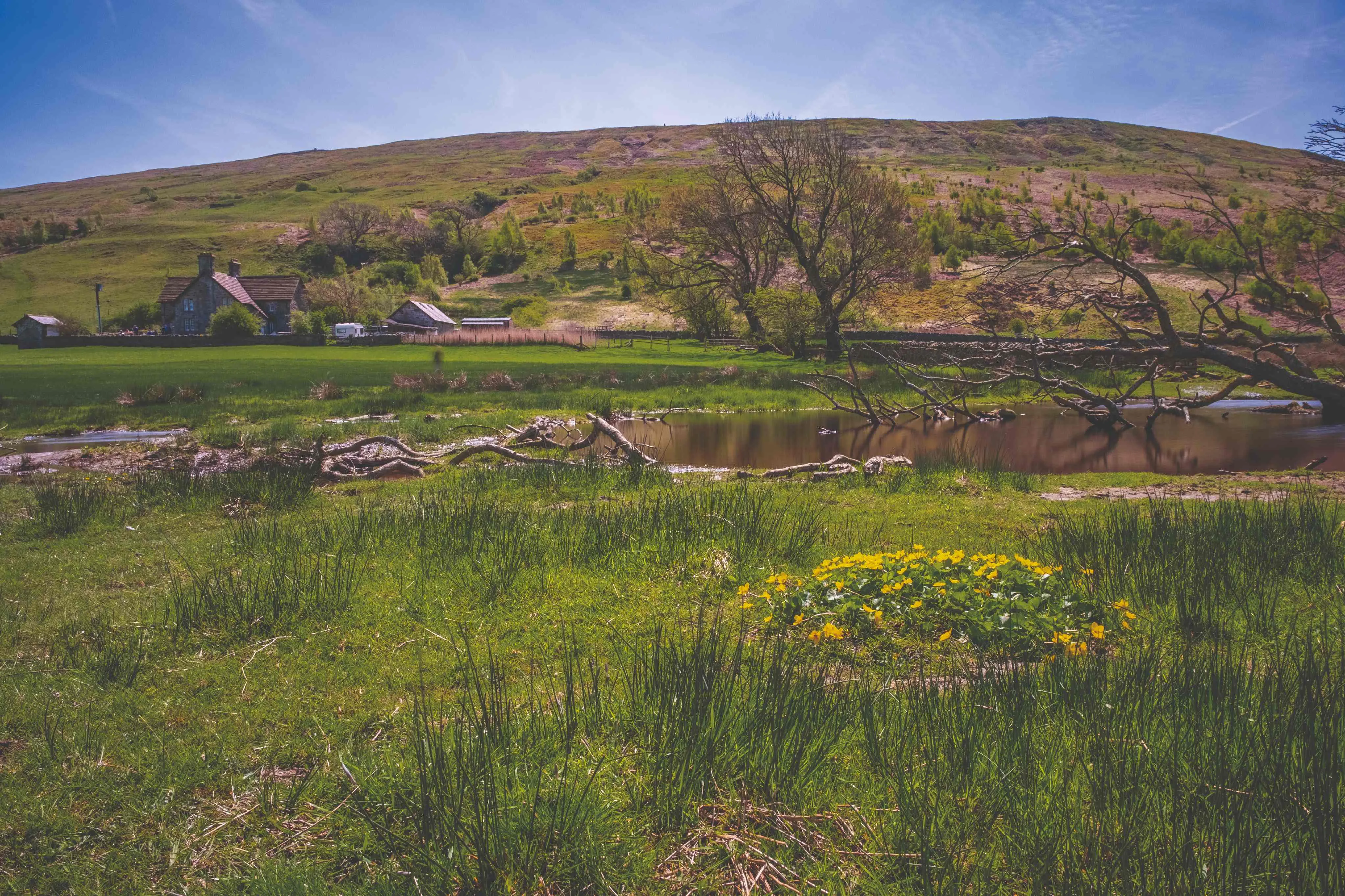 A farmhouse and pond on RSPB Geltsdale.