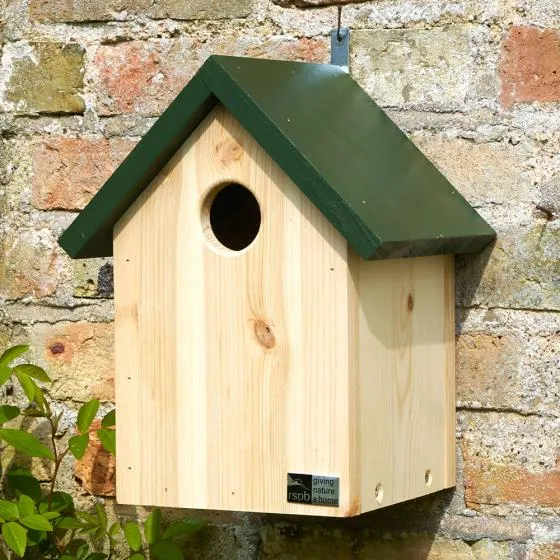 A wooden nest box with a green 'A' shaped roof and a small circular entrance